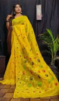 Yellow Leaf Design Pure Handloom Soft Dhakai Jamdani Saree