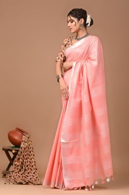 Rose Gold Pure Handloom Linen Cotton Saree From Bengal