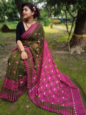 Mehandi Green Pure Handloom Dhakai Jamdani Saree From Bengal