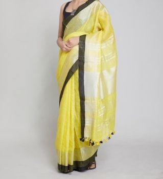 Yellow & Black Plain Hand Woven Linen Saree