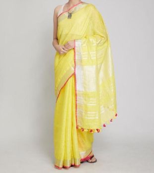 Yellow Plain Hand Woven Linen Saree