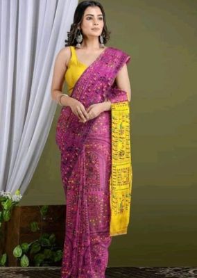 Dark Pink Pure Handloom Madhubani Saree From Bengal