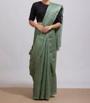 Dark Green Plain Hand Woven Linen Saree