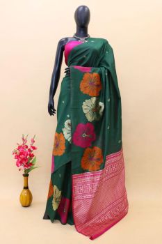 Timber Green Pure Handloom Tassar Ghicha Bapta Silk Flower Design Saree
