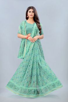 Green Light Weight Chanderi Cotton Printed Sarees