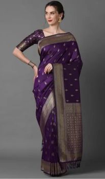 Dark Purple Pure Handloom Silk Saree From Banaras