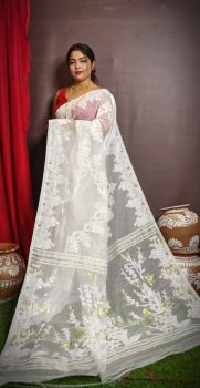 White Pure Handloom Dhakai Jamdani  Cotton Saree From Bengal