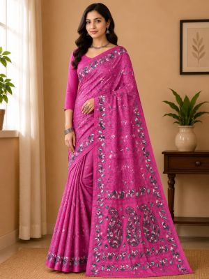 Baby Pink Pure Handloom Semi Silk Kanthastitch Saree From Bengal