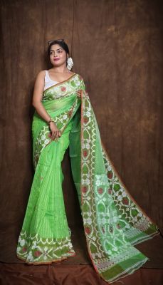Lemon Green Pure Handloom Dhakai Jamdani Saree From Bengal