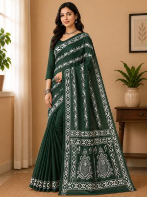 Green Pure Handloom Semi Silk Kanthastitch Saree From Bengal