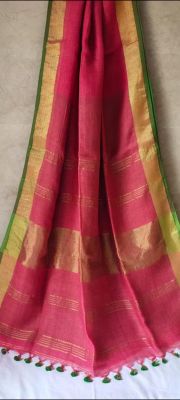 Rose Pink Pure Handloom Linen Saree From Bengal