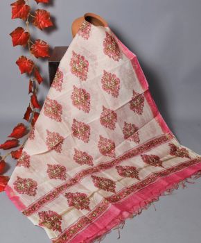 Pink And Off White Bagru Hand Block Printed Chanderi Silk Dupatta