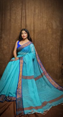 Aqua Blue Pure Handloom Cotton Saree From Bengal