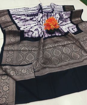 Black White Printed Pure Handloom Silk Saree
