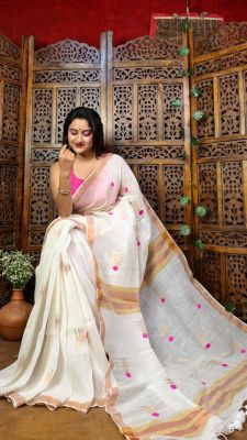 White Linen By Linen Pure Handloom Saree From Bengal