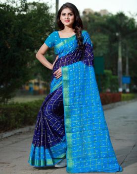 Dark Navy Blue And Light Blue Cotton Bandhani Printed Saree From Banarasi