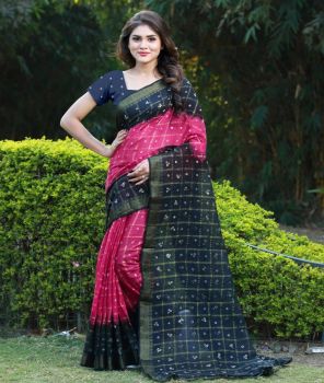 Dark Grey Blue And Burnt Pink Cotton Bandhani Printed Saree From Banarasi