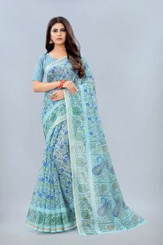 Turquoise Light Weight Chanderi Cotton Printed Sarees