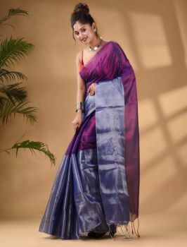 Dark Purple Dark Pure Handloom Tissue Saree From Bengal