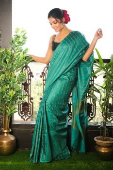 Dark Green Handloom Stripes Kota Silk Saree