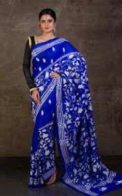 Midnight Blue Handloom Kantha Stitch Saree From Bengal