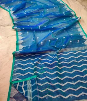 Blue Pure Handloom Resham Cotton Saree From Bengal