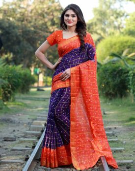 Dark Purple And Orange Cotton Bandhani Printed Saree From Banarasi