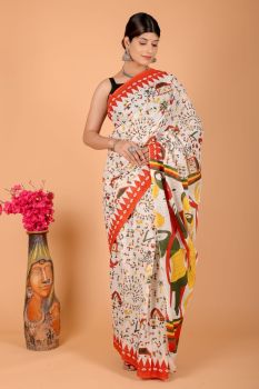 Light Grey Block Print Cotton mulmul saree