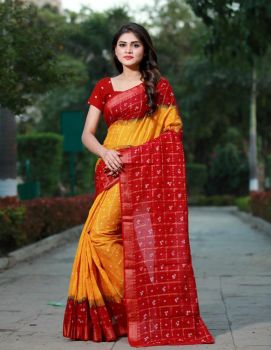 Yellow And Red Berry Cotton Bandhani Printed Saree From Banarasi