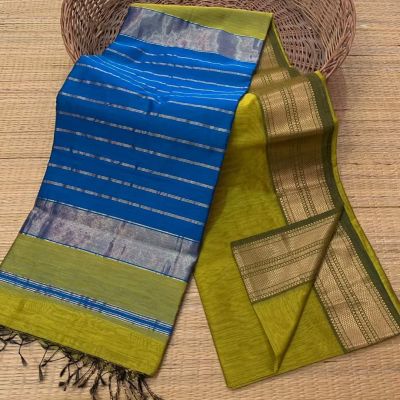 Sky Blue Green Pure Handloom Maheshwari Silk Cotton Saree From Bengal