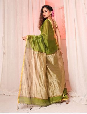 Mehandi Green Pure Handloom Silk Cotton Saree From Bengal