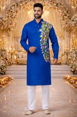 Blue Cotton Festive Special Ethnic Printed Kurta Pyjama Set for Stylish Traditional Wear