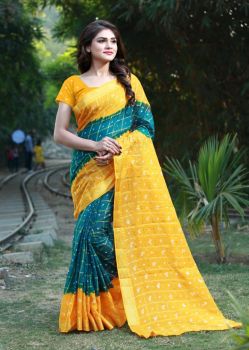 Aqua Green And Yellow Cotton Bandhani Printed Saree From Banarasi