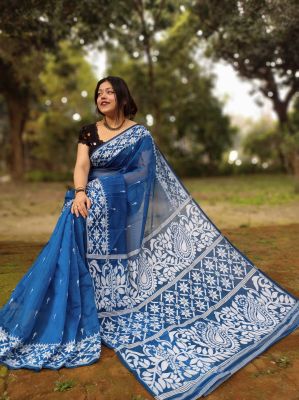 Blue Dhakai Jamdani Pure Handloom Cotton Saree From Bengal