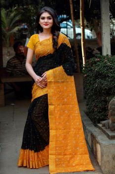 Black And Rust Orange Cotton Bandhani Printed Saree From Banarasi