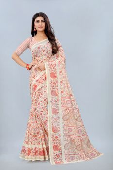 Beige Light Weight Chanderi Cotton Printed Sarees