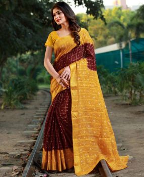 Maroon And Turmeric Yellow Cotton Bandhani Printed Saree From Banarasi