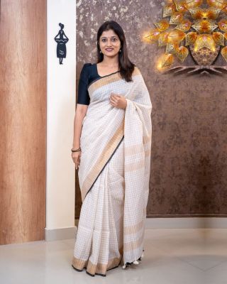 White Linen Check Design Pure Handloom Saree From Bhagalpur