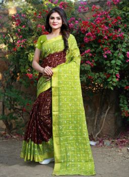 Brown And Olive Green Cotton Bandhani Printed Saree From Banarasi
