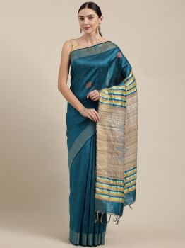 Cream & Sea Green Dupion Raw Silk Saree