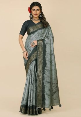 Gray Pure Handloom Banarasi Silk Saree From Banaras