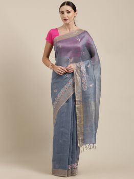 Blue Linen Embroidery Tissue Silk Saree