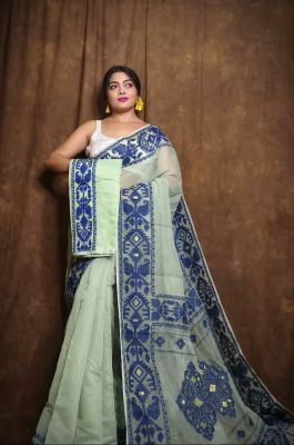 Grayish Green Pure Handloom Dhakai Jamdani Saree From Bengal