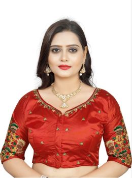 Red Malai Satin Silk Embroidery Work Blouse