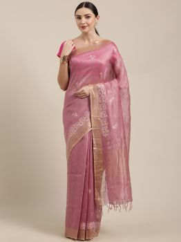 Pink Linen Embroidery Tissue Silk Saree