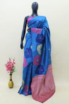 Dark Sky Blue Pure Handloom Tassar Ghicha Bapta Silk Flower Design Saree