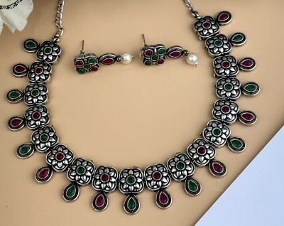 Silver Pure Oxidised Necklace With Multi Colour Stone Jewellery