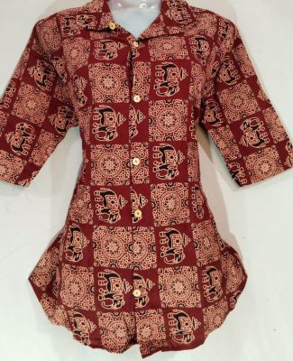 Maroon Pure Handloom Ajrak Ladies T-shirt From Bengal