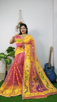 Coral Pure Handloom Dhakai Jamdani Saree From Bengal