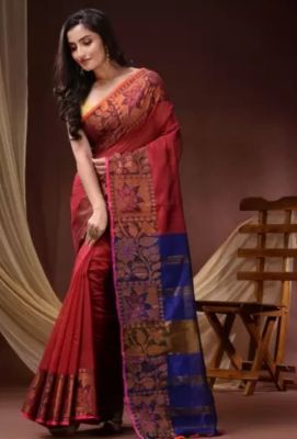 Brick Red Pure Handloom Silk Cotton Saree From Banaras